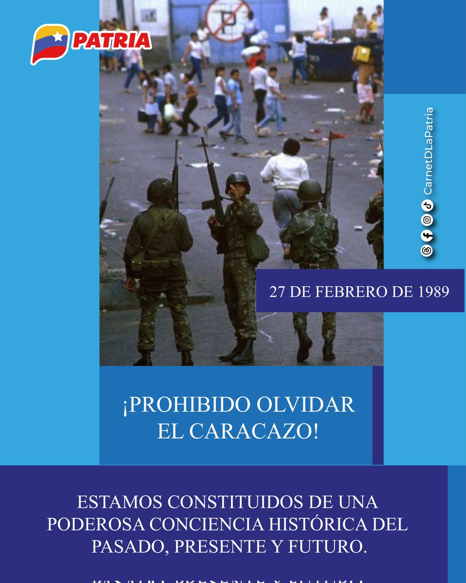 Hoy #27Feb se cumplen 36 años de "El Caracazo" donde el pueblo protagonizaba la primera rebelión contra el Fondo Monetario Internacional, el neoliberalismo, los apellidos y la oligarquía. Lo que generó la masacre y represión más brutal conocida.

¡Prohibido olvidar! ¡No volverán!