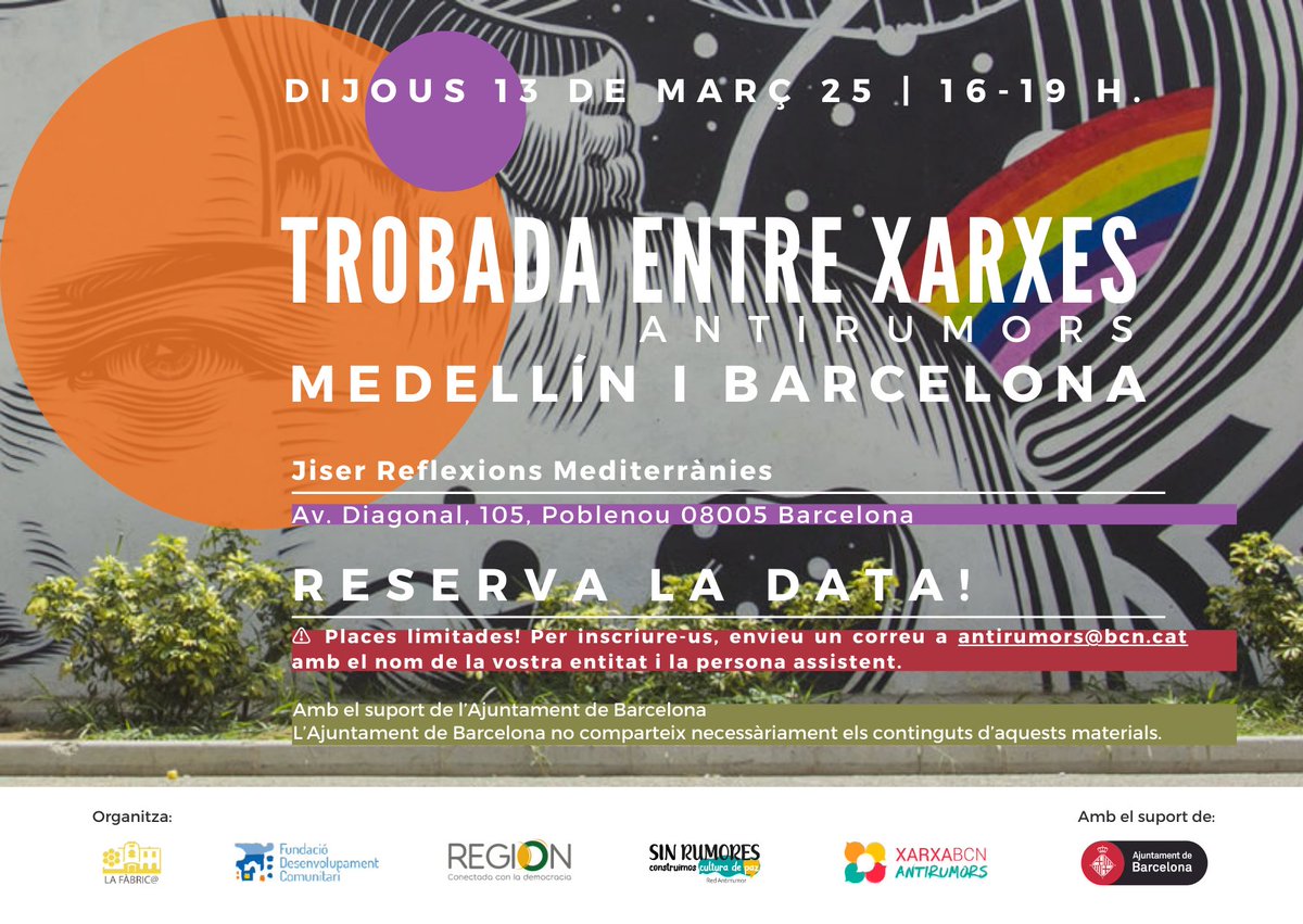 La @fabricsccl, <a href="/fdc_cat/">FDC</a> i <a href="/CorpRegion/">Corporación Región</a> us convidem a la TROBADA ENTRE XARXES amb la Xarxa Antirumors de BCN i la <a href="/RedAntirrumor/">Red Antirrumor 📢🗯️</a> de Medellín. Dj 13.03 |16h | A la seu de <a href="/Jiser_org/">Jiser Reflexions Mediterrànies</a>  Inscripció prèvia &gt; antirumors@bcn.cat #interculturalitatcritica #antiracisme #interseccionalitat