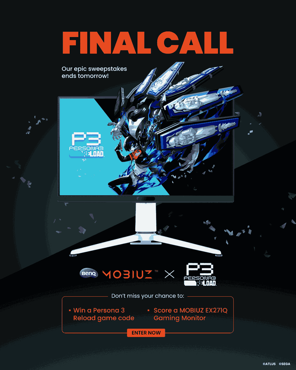 ⏳ FINAL CALL – Persona 3 Reload Anniversary Sweepstakes closes soon!

Your chance to win a BenQ MOBIUZ Gaming Monitor + Persona 3 Reload is almost gone! Will you be the one to awaken to your potential?
🔹 Enter before it’s too late: benqurl.biz/3CNZBx3
🎮 Don’t wait—grab