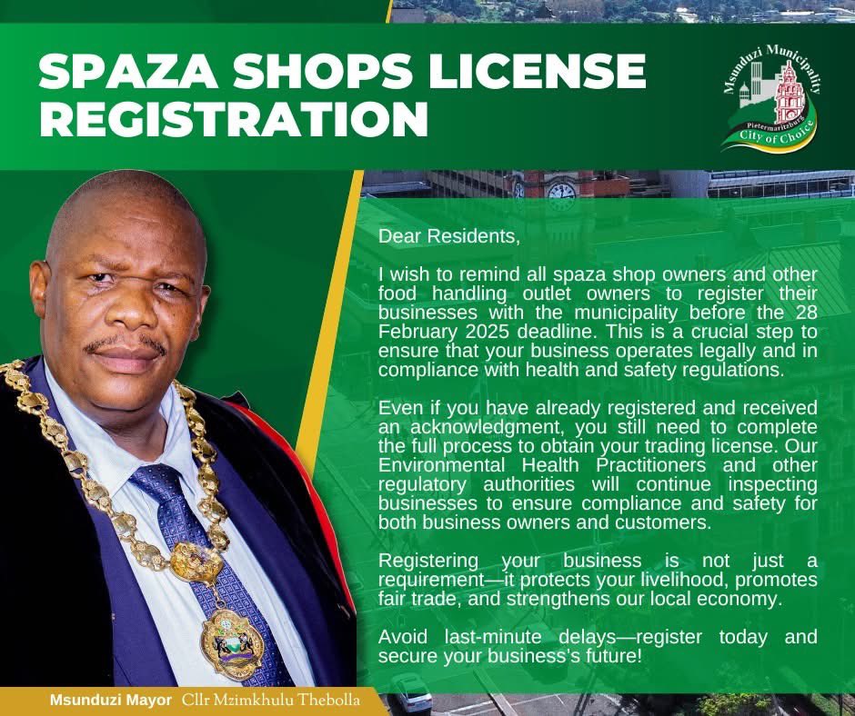 REGISTER NOW!!!

All spaza shop owners and other food handling outlet owners are reminded to register their businesses with the municipality before the 28 February 2025 deadline.

#DeadlineApproaching #RegisterNow #SpazaShops #CityOfChoice #secondtonone #TogetherWeCan