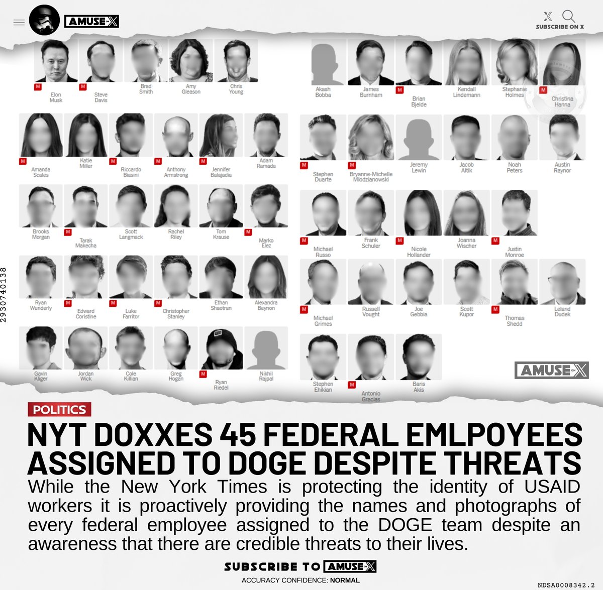 DOGE：所谓的《纽约时报》正在加倍努力揭露DOGE 团队的联邦雇员。今天，他们提供了45  名雇员的姓名和照片，尽管他们知道这些雇员及其家人的生命受到切实威胁。 这帮孙子真他妈坏？这算暴露个人隐私了吧？  要那天他们中一些被刺杀或遇到威胁、这算到他们头上去
