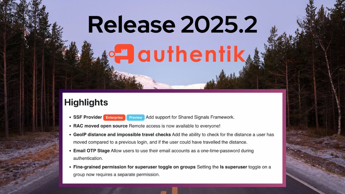 The 2025.2 release of authentik is out and contains new features for everyone! We have a Shared Signals Framework provider, checks for "impossible travel" using our GeoIP policy, and Remote Access Control now available as an open source feature, and more!
goauthentik.io/blog/2025-02-2…
