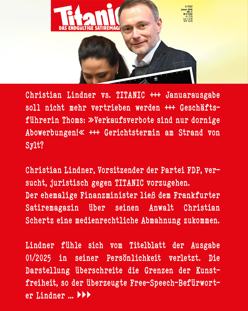 titanic's tweet image. Wer hat Recht? Stimmen Sie jetzt ab! 

Ein TITANIC-Jahresabo = Eine Stimme für TITANIC 
(titanic-magazin.de/abo/)

Ein TITANIC-Geschenkabo = Eine Stimme für Lindner
()