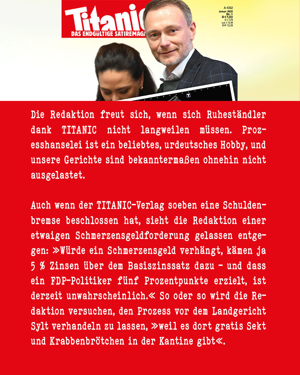 titanic's tweet image. Wer hat Recht? Stimmen Sie jetzt ab! 

Ein TITANIC-Jahresabo = Eine Stimme für TITANIC 
(titanic-magazin.de/abo/)

Ein TITANIC-Geschenkabo = Eine Stimme für Lindner
()