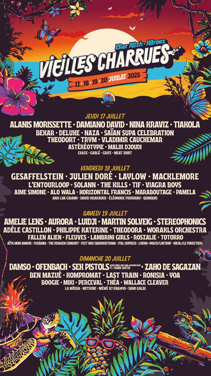 🌴 Alohaaa 🌸
Et voici la complète 2025 des Charrues !!! 🔥☀️🍹

Une affiche éclectique et populaire différente!
Des exclus! des légendes, des coups de cœur, des étoiles montantes et beaucoup de pépites  🌈💛
#Charrues25