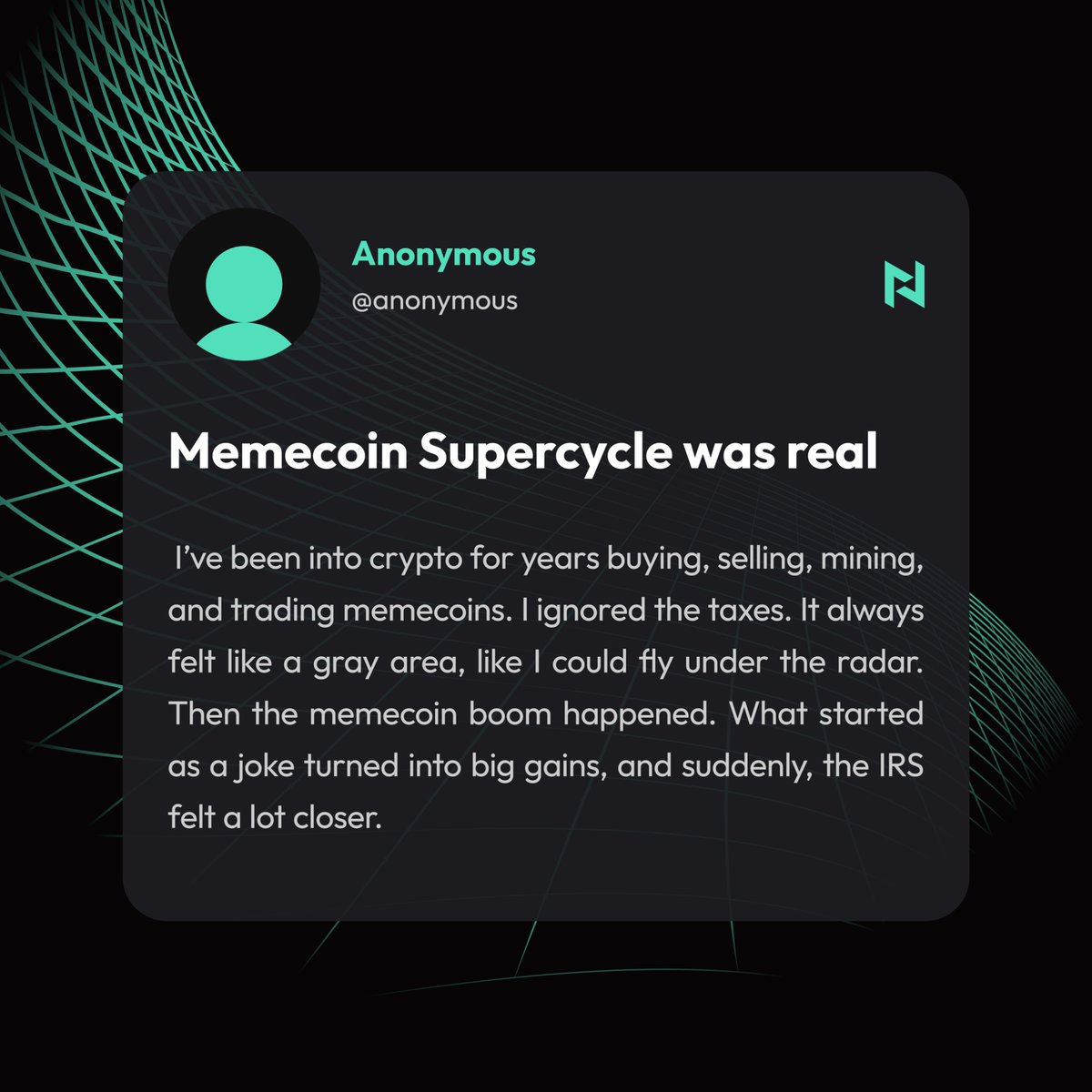 NetrunnerTax's tweet photo. Crypto Tax Confessions 💬 https://t.co/4qn0bFgfKp