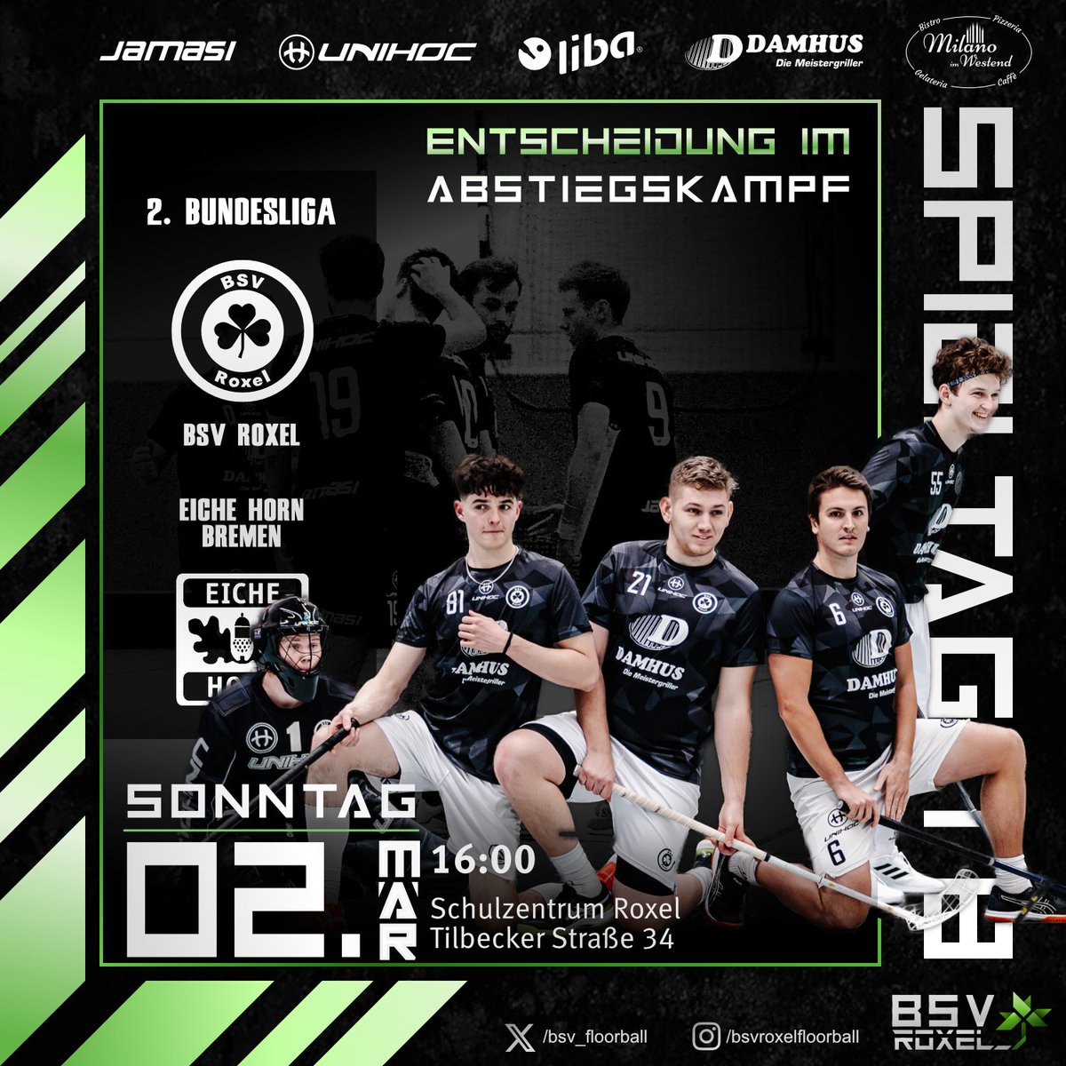 Sonntag ist es so weit: das letzte Spiel der regulären Saison. Mit Bremen treffen wir auf den Vorletzten. Ein Sieg könnte den sicheren Klassenerhalt bedeuten. Also nichts wie los und uns unterstützen! Wir spendieren Gratisgetränke! ☘️

#Floorball #2FBL #ROXBRE #Muenster