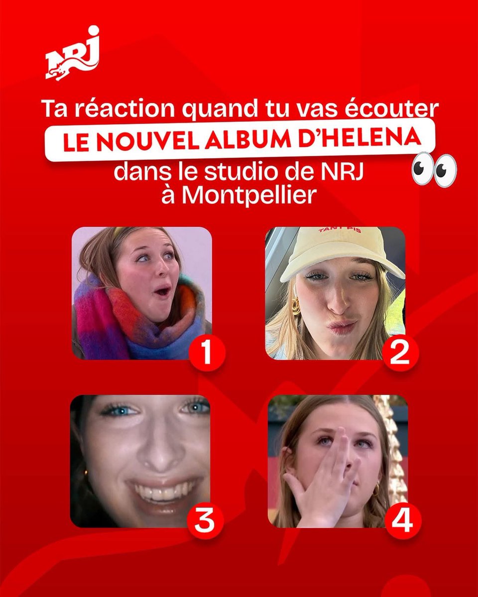 1️⃣ 2️⃣ 3️⃣ ou 4️⃣ ? 👀

🎟️ Écoutez <a href="/NRJmontpellier/">NRJ Méditerranée</a> pour découvrir le nouvel album de #HELENA avant tout le monde dans les studios de NRJ à #Montpellier !
Pour jouer écoutez NRJ 👉
🚗 #Montpellier #Sete 106.1, #Beziers 105.7
