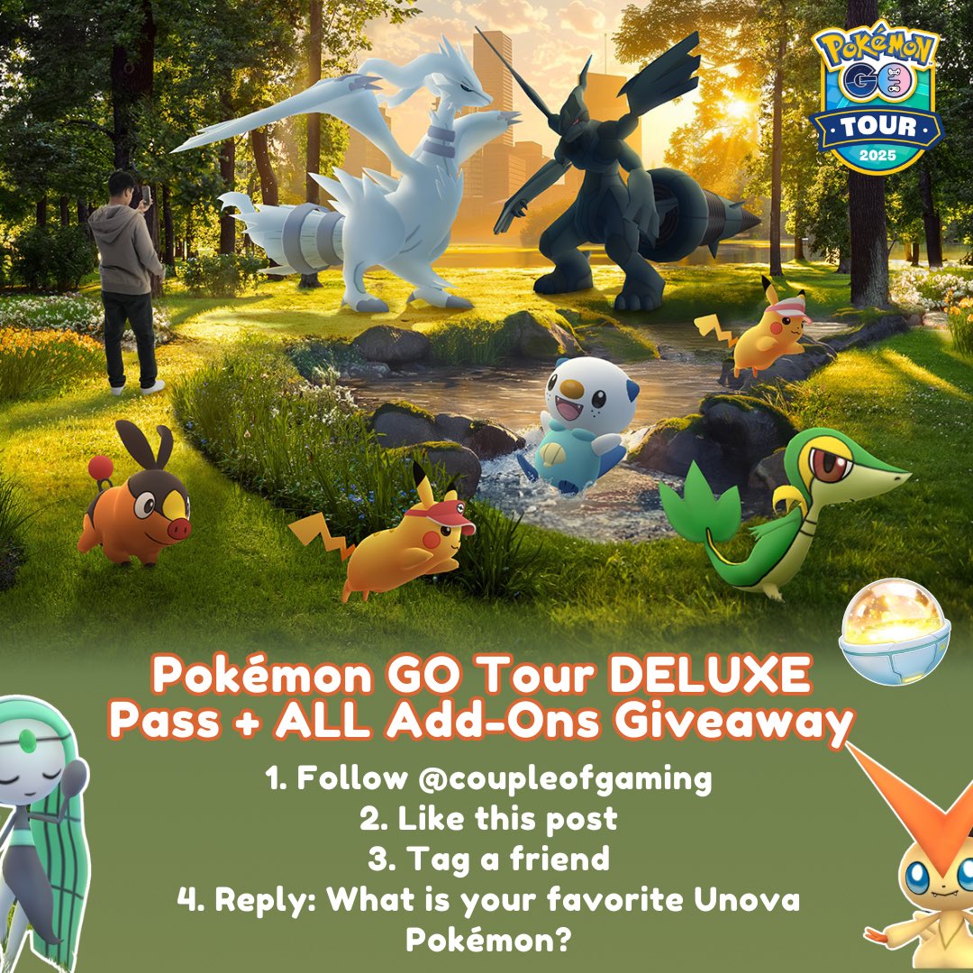 🎟️ GO TOUR GLOBAL GIVEAWAY TIME 🎟️
We’ve got 5 #PokemonGOTour Unova Global ticket bundles to give away to you which include the DELUXE Pass, Hatch, Raid AND #ShinyMeloetta Add-Ons for the ultimate GO Tour experience 🤩

All you have to do to get one is:

。Follow <a href="/coupleofgaming/">Couple of Gaming</a>
