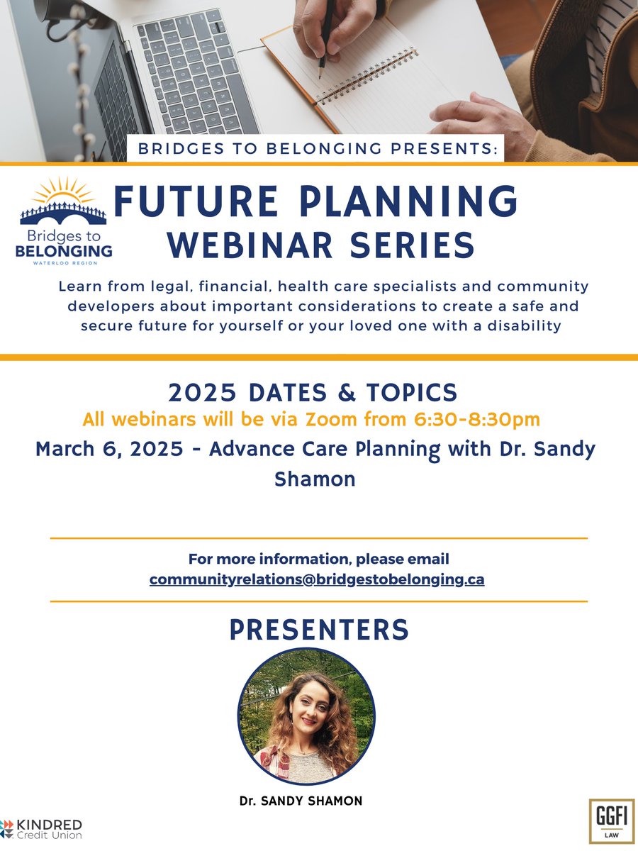 Join us March 6 for our next Future Planning Webinar! Dr. Sandy Shamon will talk about Advance Care Planning. 
More information and registration: eventbrite.ca/e/advance-care… #future #planning #disability
