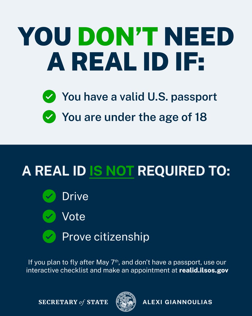 Not sure what a REAL ID is or if you need one? Starting May 7, Illinois residents will need it to fly domestically or enter federal facilities. Learn more and book an appointment: REALID.ilsos.gov