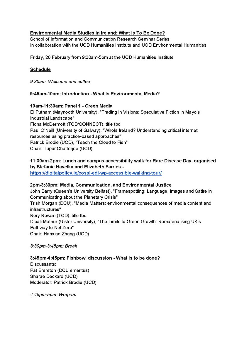Join us tomorrow, 28 Feb, for 'Environmental Media Studies in Ireland: What Is To Be Done?' organised by Patrick Brodie in <a href="/UCD_Hum_Inst/">UCD Humanities Institute</a> w/ support from <a href="/ucd_envhum/">UCD Environmental Humanities</a>, to discuss how study of media is positioned to approach climate and environment in an era of twinned transition