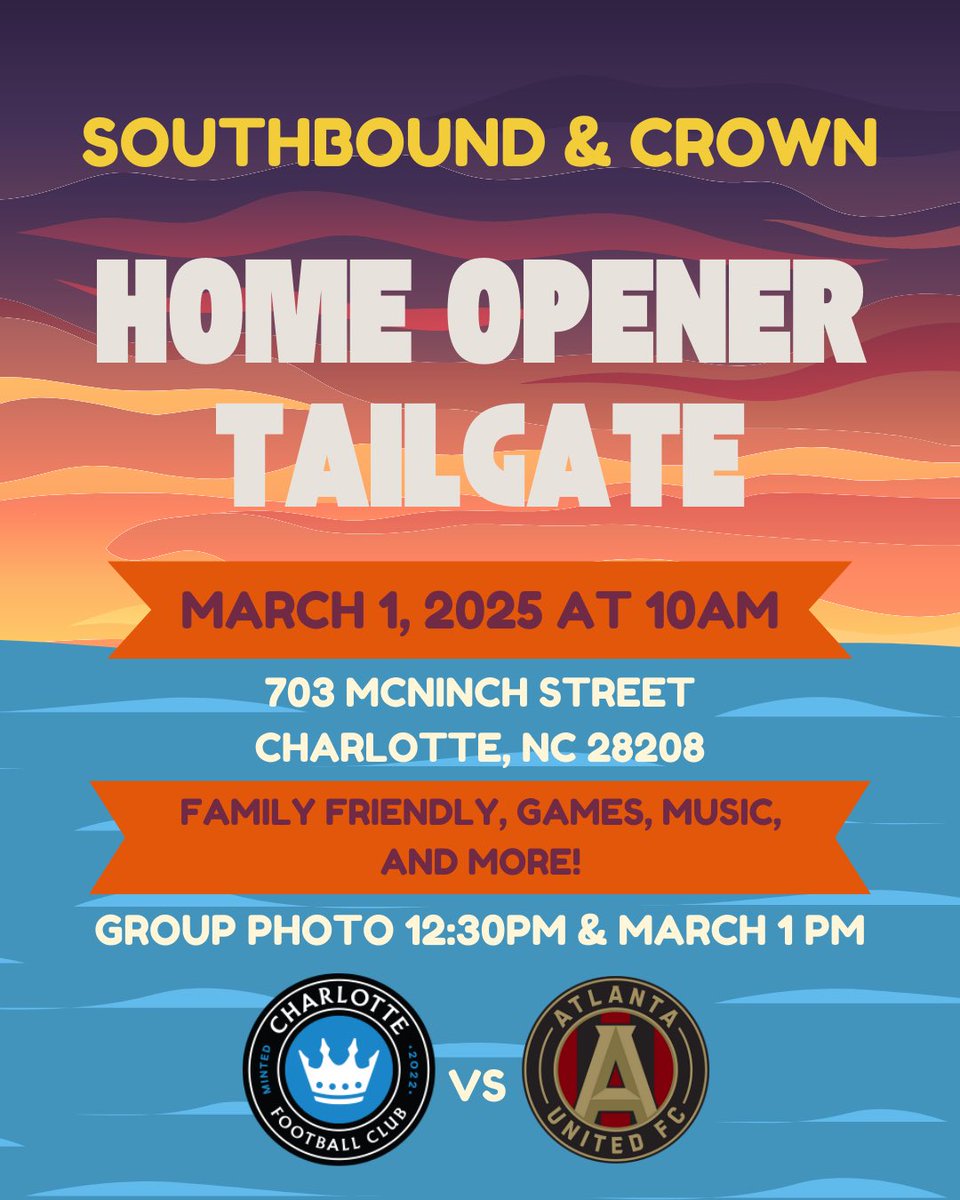 🚨 Matchday vibes incoming! 🚨 Charlotte FC’s home opener is this Saturday, and we’re kicking things off at the Southbound and Crown tailgate!

🔥 Grab your meal tickets at the tailgate:
🔹 Members: $10
🔹 Non-members: $12

See you there! 💙🖤 #ForTheCrown #CLTFC #Matchday