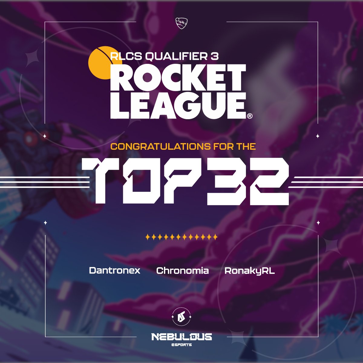 RLCS - EU - Qualifier 3 end. We finished top 29-32🔥It's an insane performance from our players !
<a href="/Chronomiaa/">Chronomia</a> 
<a href="/DantronexRL/">DantroneX</a> 
<a href="/RonakyRL/">Ronaky</a> who subbed for us
We are so proud of you guys❤️