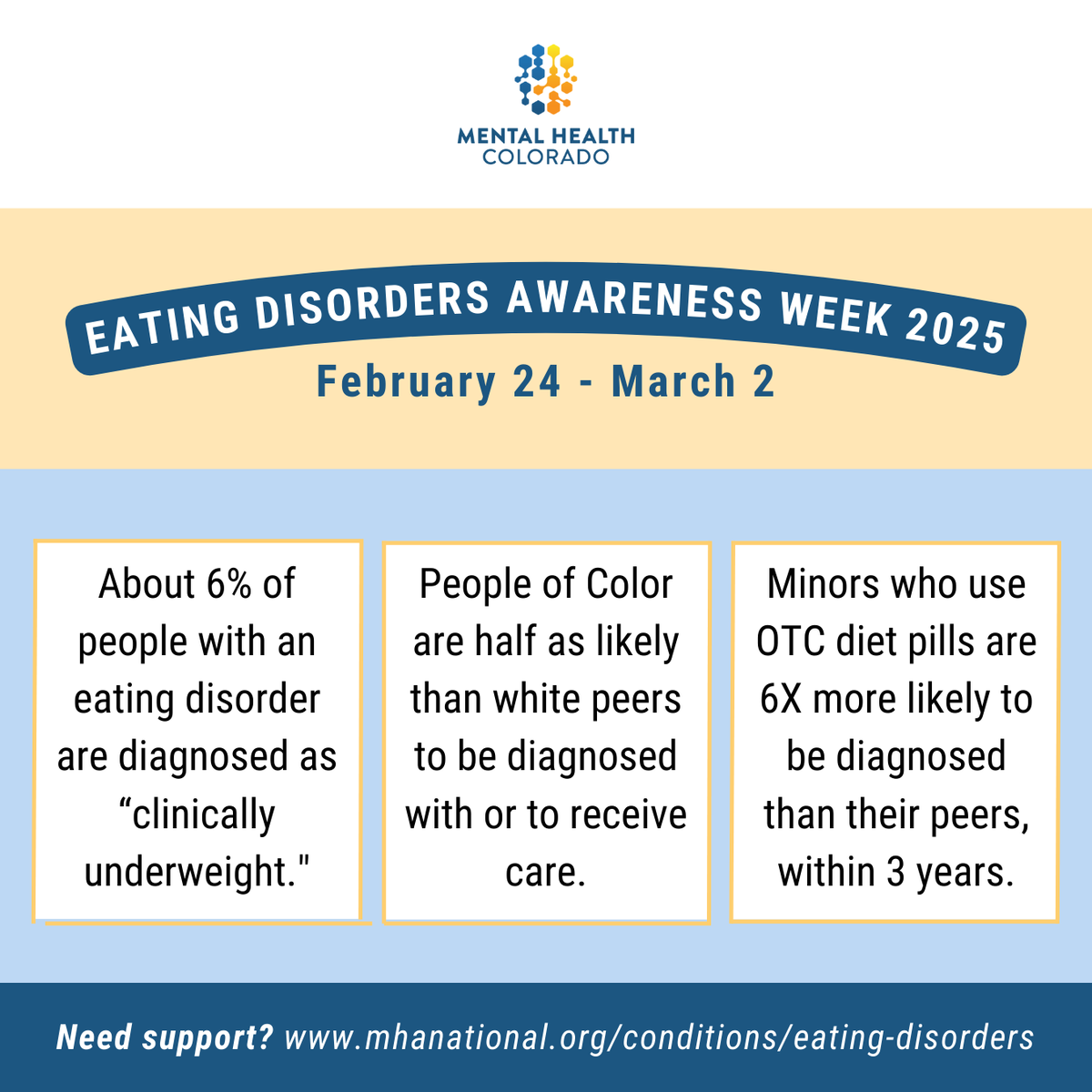 CO_MentalHealth's tweet image. This week, we’re raising awareness, challenging harmful misconceptions, and advocating for greater access to services. Everyone deserves compassionate, evidence-based care.

Need support? mhanational.org/conditions/eat… 

#EDAwarenessWeek #EatingDisorders #YouAreNotAlone