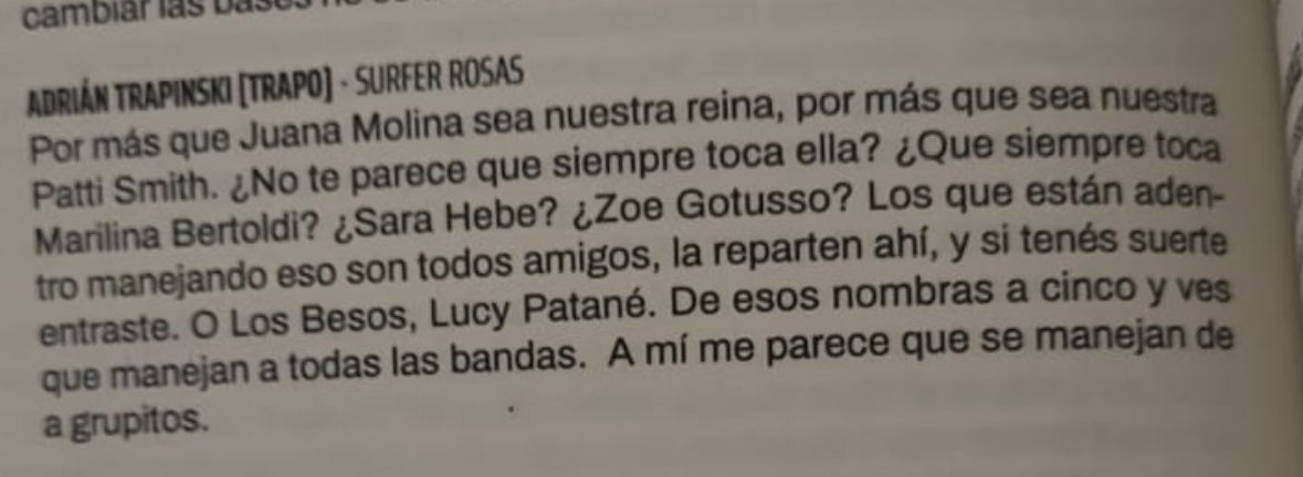 dale, cuestionemos a las únicas minas que ocupan lugares de mucha visibilidad y no a las millones de bandas de hombres que sin ser siquiera relevantes ocupan espacios que podrían ser de las pibas
misógino, ilógico y conspiranoide