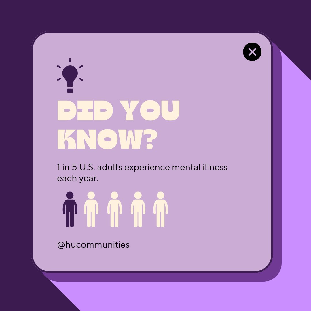 HUCommunities's tweet photo. Did you know? 🤔 1 in 5 U.S. adults experience mental illness each year. 💙 You are not alone—let’s break the stigma together. #MentalHealthAwareness #YouAreNotAlone https://t.co/qvFRLQ37T9