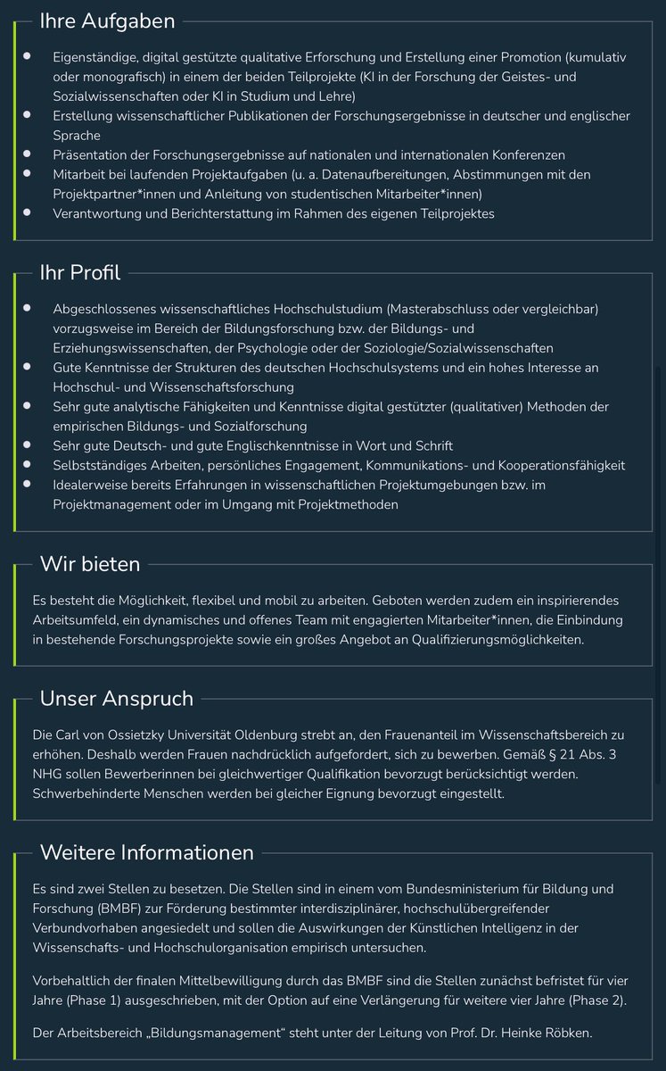 Für unsere anstehende BMBF-geförderte mehrjährige KI-Forschungsgruppe an Univ. Oldenburg, Bielefeld &amp; Northern Business School Hamburg werden einige Promotionsstellen besetzt. 2 erste Ausschreibungen (Bildung, Soziologie, Psychologie o.ä.) gibt es jetzt am Standort Oldenburg.