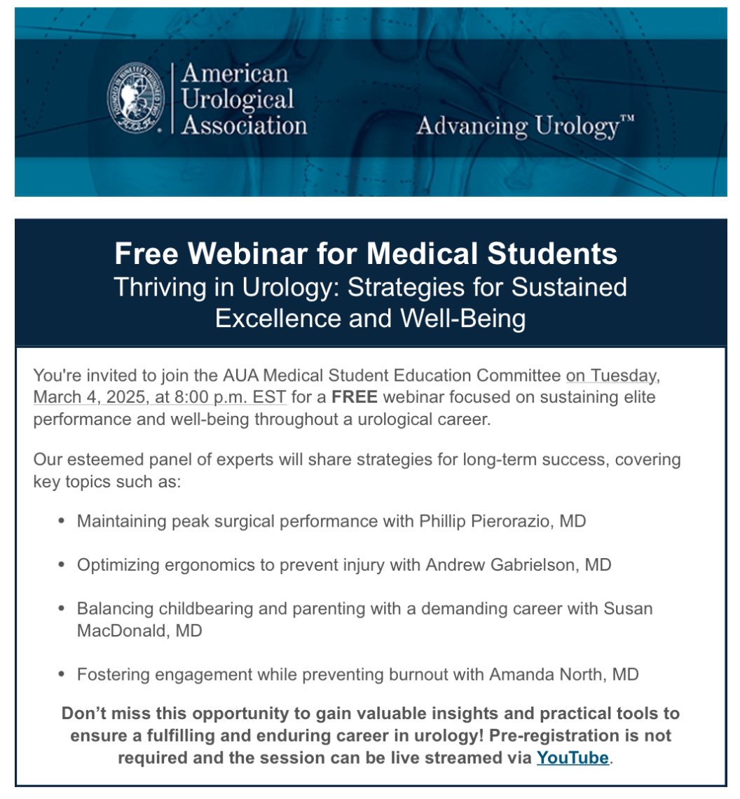 Andrew Gabrielson (@urogabe) on Twitter photo 🚨Med students interested in urology🚨
<a href="/AmerUrological/">Amer. Urol. Assn.</a> is hosting on a free webinar on strategies for sustainability in practice and avoiding burnout
Come hang with me, <a href="/drphil_urology/">Phillip Pierorazio</a>, <a href="/anorth21/">Amanda North</a>, <a href="/smacdonald_md/">Susan MacDonald, MD</a>, <a href="/MCliftonMD/">Marisa Clifton</a>
Live stream 🔗: m.youtube.com/watch?v=hbGmaT… 🚨Med students interested in urology🚨
<a href="/AmerUrological/">Amer. Urol. Assn.</a> is hosting on a free webinar on strategies for sustainability in practice and avoiding burnout
Come hang with me, <a href="/drphil_urology/">Phillip Pierorazio</a>, <a href="/anorth21/">Amanda North</a>, <a href="/smacdonald_md/">Susan MacDonald, MD</a>, <a href="/MCliftonMD/">Marisa Clifton</a>
Live stream 🔗: m.youtube.com/watch?v=hbGmaT…