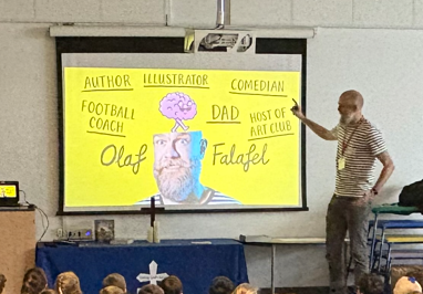 MrCMcCaffrey's tweet photo. It was a pleasure to welcome author, illustrator and comedian @OFalafel to Cranfield Academy as we get ready for our whole school reading week and @WorldBookDayUK.  Children were excited to receive signed copies of Olaf's books too! @ClivetheCrane https://t.co/0szIN6T0RW