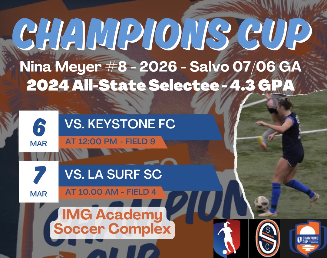 Super excited to guest play for the Salvo U19 team at the Champions Cup Showcase next week! 
I will only be playing in two games due to other conflicts.
<a href="/ImYouthSoccer/">ECNL/GA/Recruiting/College Soccer</a> <a href="/GAcademyLeague/">Girls Academy</a> <a href="/SalvoSoccer/">Salvo Soccer Club</a>