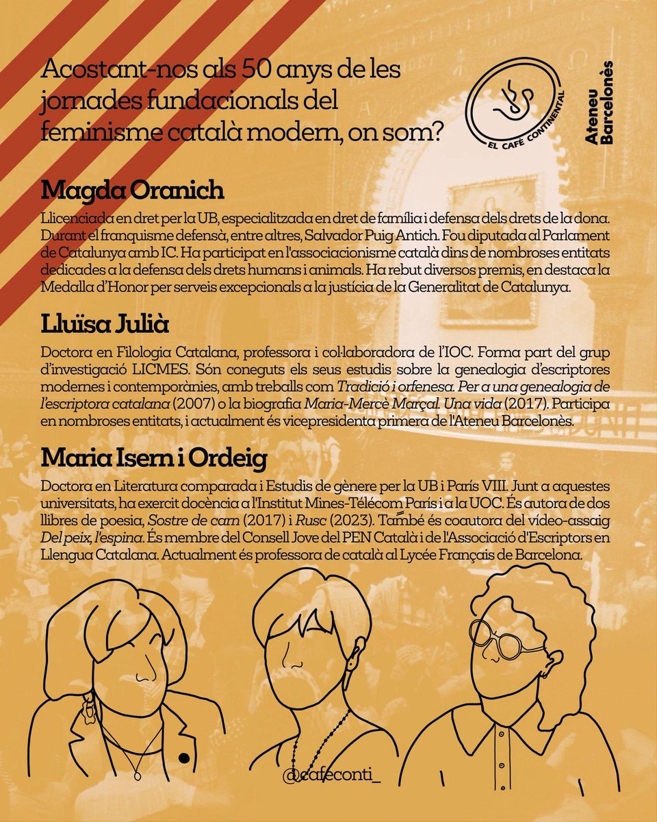 ✊💜 Us anunciem una tertúlia molt especial, sobre les Primeres Jornades Catalanes de la Dona i l'evolució del feminisme, amb <a href="/MagdaOranich/">Magda Oranich</a>, <a href="/LluisaJulia/">Lluïsa Julià</a> i <a href="/MariaIsernO/">Maria Isern Ordeig</a>.

🗓️ Dilluns, 3 de març, a les 19:00h.
📍Sala Pompeu Fabra, <a href="/AteneuBCN/">Ateneu Barcelonès</a>
✍🏻 Inscripcions: forms.gle/QhBrQ8Yi5ctU5y…