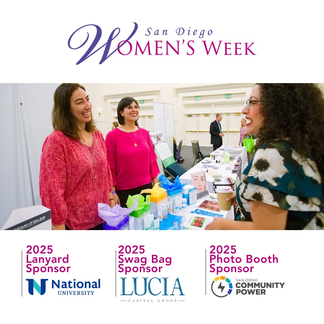SDWomensWeek's tweet image. We are excited to present to you our amazing Sponsors for the San Diego Women&apos;s Week 2025! Thank you to @NatUniv, @LuciaCapital, and @SDCommunityPwr.

🔗 Buy tickets today! sdwomensweek.com/tickets/

#nsdbc #sandiego #event #business #women #networking
