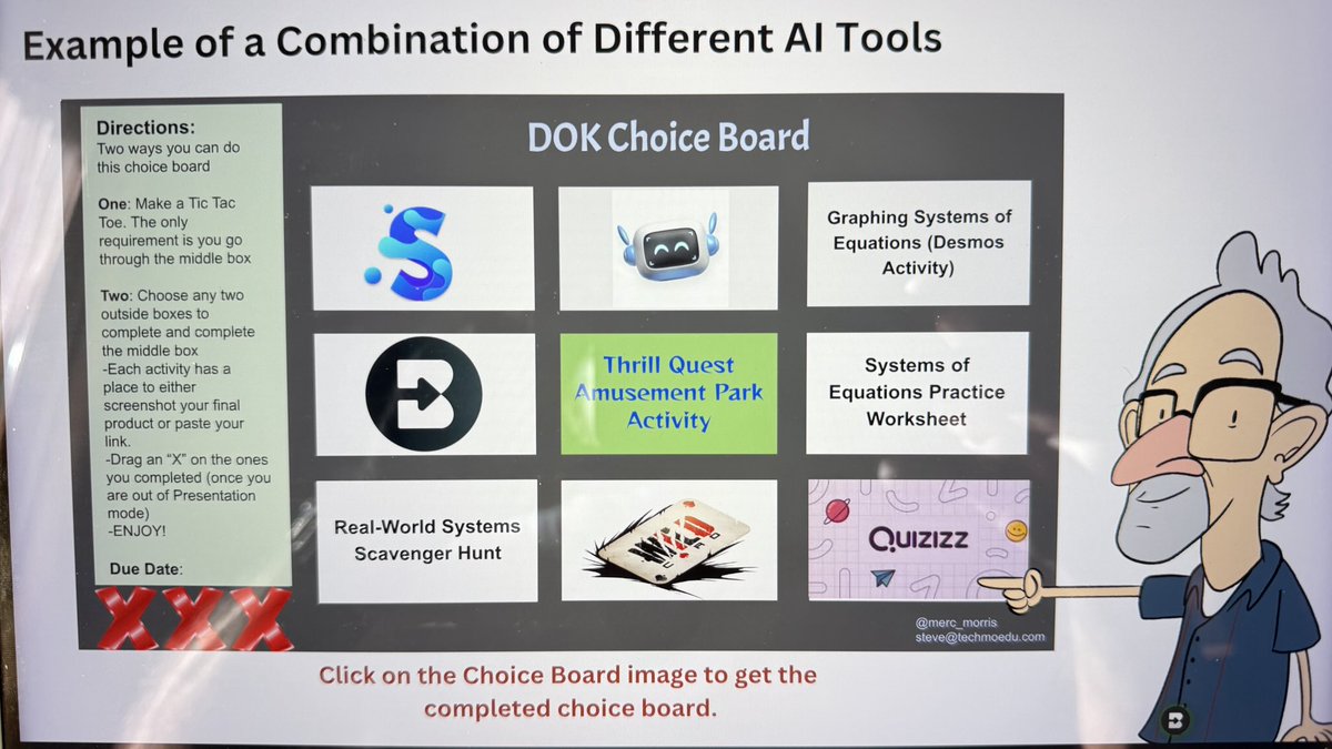 Steve Morris (@merc_morris) on Twitter photo Using AI tools as activities on a choice board is awesome! Using tools like <a href="/SnorkelAI/">Snorkel AI</a>, <a href="/GetSchoolAI/">SchoolAI</a>, <a href="/briskteaching/">Brisk Teaching</a> and <a href="/quizizz/">Quizizz (now Wayground)</a>. Check out my preso from <a href="/NCCE_EdTech/">NCCE: Northwest Council for Computer Education</a> conf edushare.ing/MorrisCB. <a href="/KyleNiemis/">Kyle Niemis</a> <a href="/armanatbrisk/">Arman@Brisk</a> Using AI tools as activities on a choice board is awesome! Using tools like <a href="/SnorkelAI/">Snorkel AI</a>, <a href="/GetSchoolAI/">SchoolAI</a>, <a href="/briskteaching/">Brisk Teaching</a> and <a href="/quizizz/">Quizizz (now Wayground)</a>. Check out my preso from <a href="/NCCE_EdTech/">NCCE: Northwest Council for Computer Education</a> conf edushare.ing/MorrisCB. <a href="/KyleNiemis/">Kyle Niemis</a> <a href="/armanatbrisk/">Arman@Brisk</a>