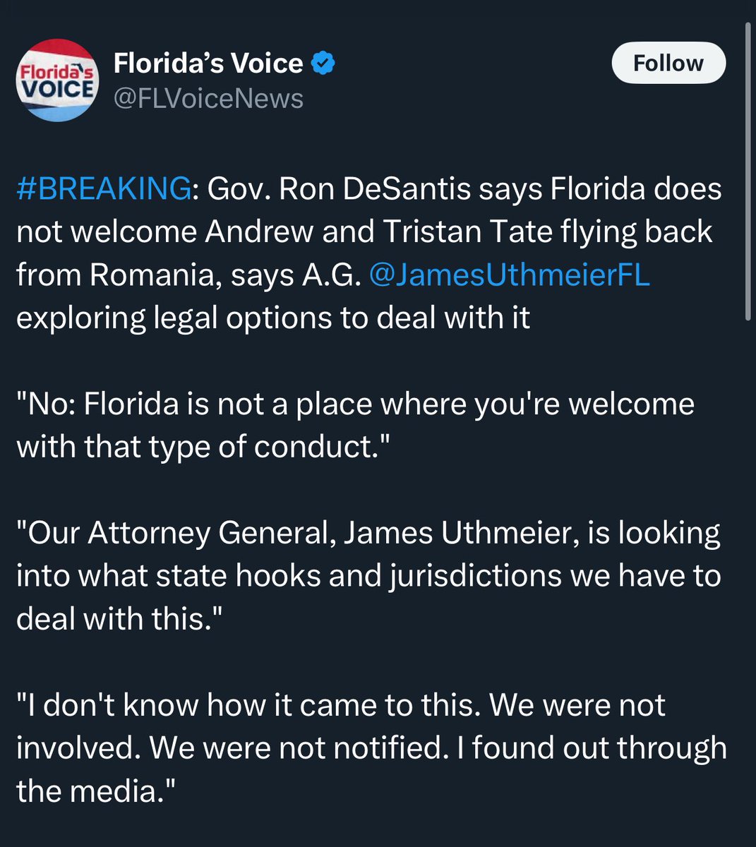 todaystack's tweet image. Nici macar Desantis, un sustinator vehement a lui Trump, nu ii vrea pe fratii Tate.