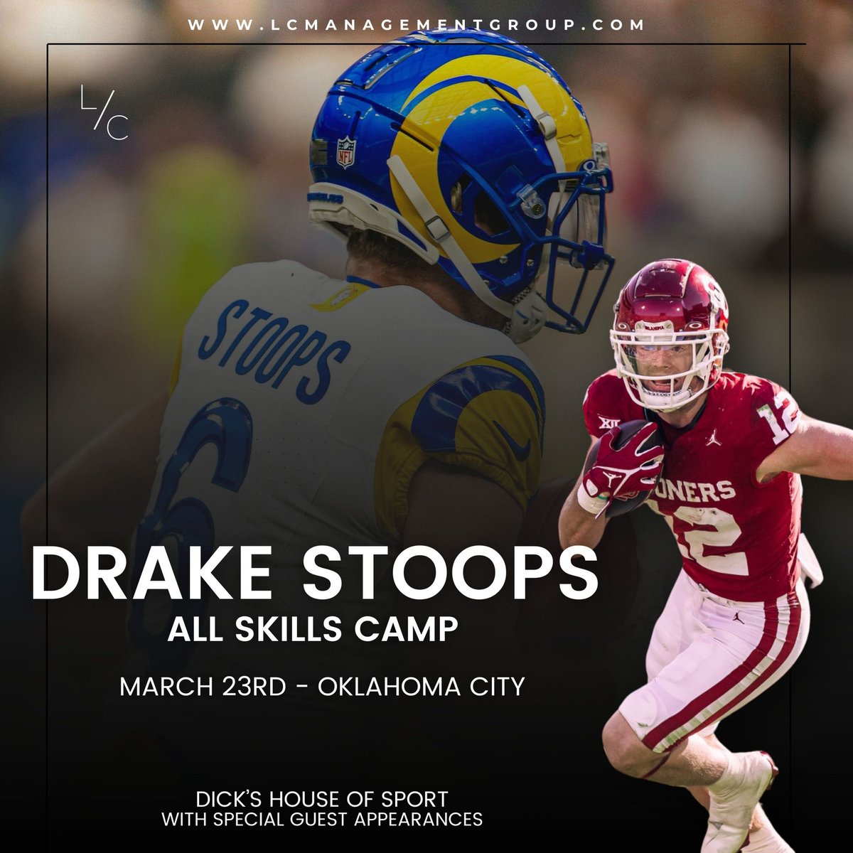 Join me at the Drake Stoops All Skills Football Camp in Oklahoma City for a great experience with expert training! Multiple sessions and options to choose from, with special guests to be announced. 
🗓️ When: March 23rd
📍 Where: OKC Dick’s House of Sport
🔗 Click the link in bio