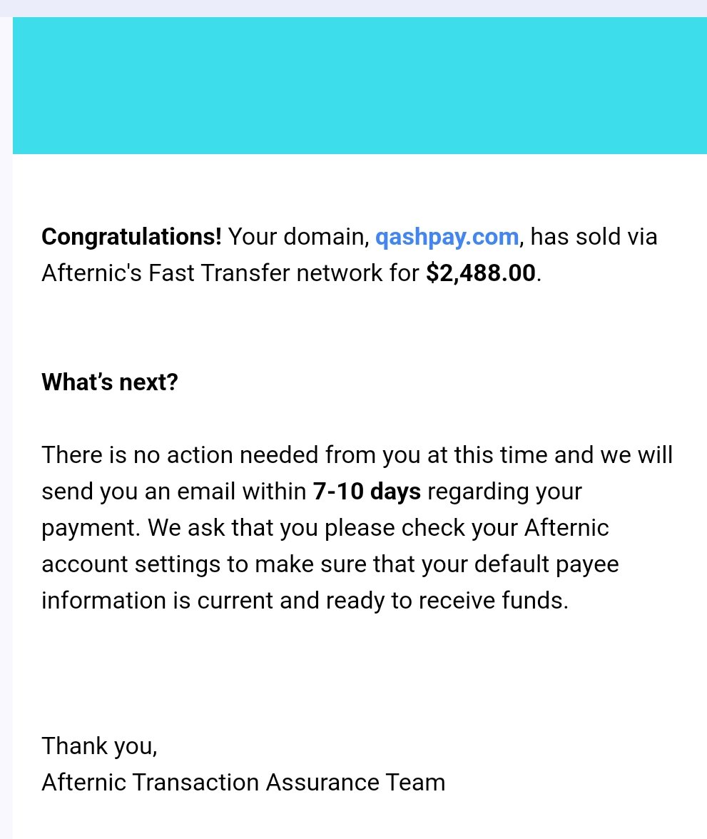 NameGrad_'s tweet image. The darling 'Email' of Domainers arrives!🎉
Sold: QashPay.com
Registered in Oct24
Price: $2488
Received funds within 24h @afternic👏👏
@NameBio
Total 4 'Q' Names registered and 1 got sold! Others👇
Charaqter. Com
Seleqtor. Com
ququmber. Com (My fav)