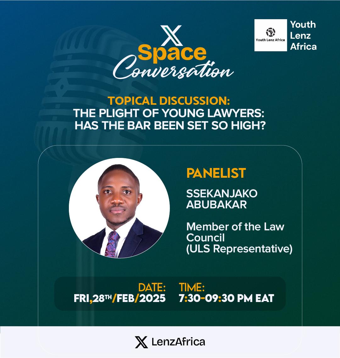 Youth Lenz Africa (@lenzafrica) on Twitter photo Ugandan Young Lawyers have, over time, voiced that enrollment is a legitimate right that every LDC graduate is entitled to, and it should not be unreasonably delayed.
Join our panel discussion led by <a href="/_Counsel_Ella/">Angela .B. Tusiime ✨.🇺🇬</a>, <a href="/TumukundeTT/">TumukundeTonny(TT)</a>, <a href="/aislingimo/">Imogen</a> & <a href="/assekanjako/">SSEKANJAKO Abubakar</a> as we discuss the Ugandan Young Lawyers have, over time, voiced that enrollment is a legitimate right that every LDC graduate is entitled to, and it should not be unreasonably delayed.
Join our panel discussion led by <a href="/_Counsel_Ella/">Angela .B. Tusiime ✨.🇺🇬</a>, <a href="/TumukundeTT/">TumukundeTonny(TT)</a>, <a href="/aislingimo/">Imogen</a> & <a href="/assekanjako/">SSEKANJAKO Abubakar</a> as we discuss the