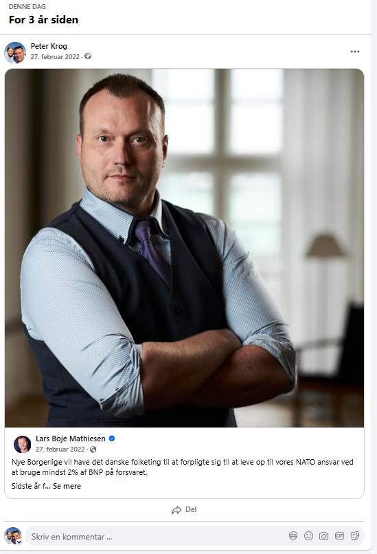 FB for 3 år siden. Delte jeg dette opslag.

Det blev nedstemt i folketinget. Se dem nu 🤡

<a href="/LBMathiesen/">Lars Boje Mathiesen</a>