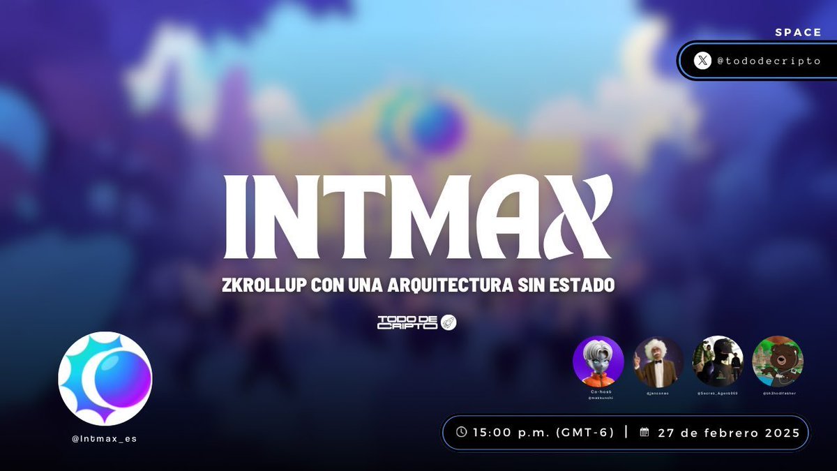 tododecripto's tweet image. Nos escuchamos HOY jueves 27 de febrero a las 15:00 p.m. (GMT-6) 🕑

Tendremos un Space 🔥 que no te puedes perder ‼️

🤔 ¿Qué es INTMAX?
🪄 ¿Qué productos tienen? 
🧙🏻‍♂️¿Quiénes son sus miembros? 
🪪 INTMAX Wallet

💬 Únete al space de hoy con @Intmax_es

🔔¡Fija tu recordatorio y…