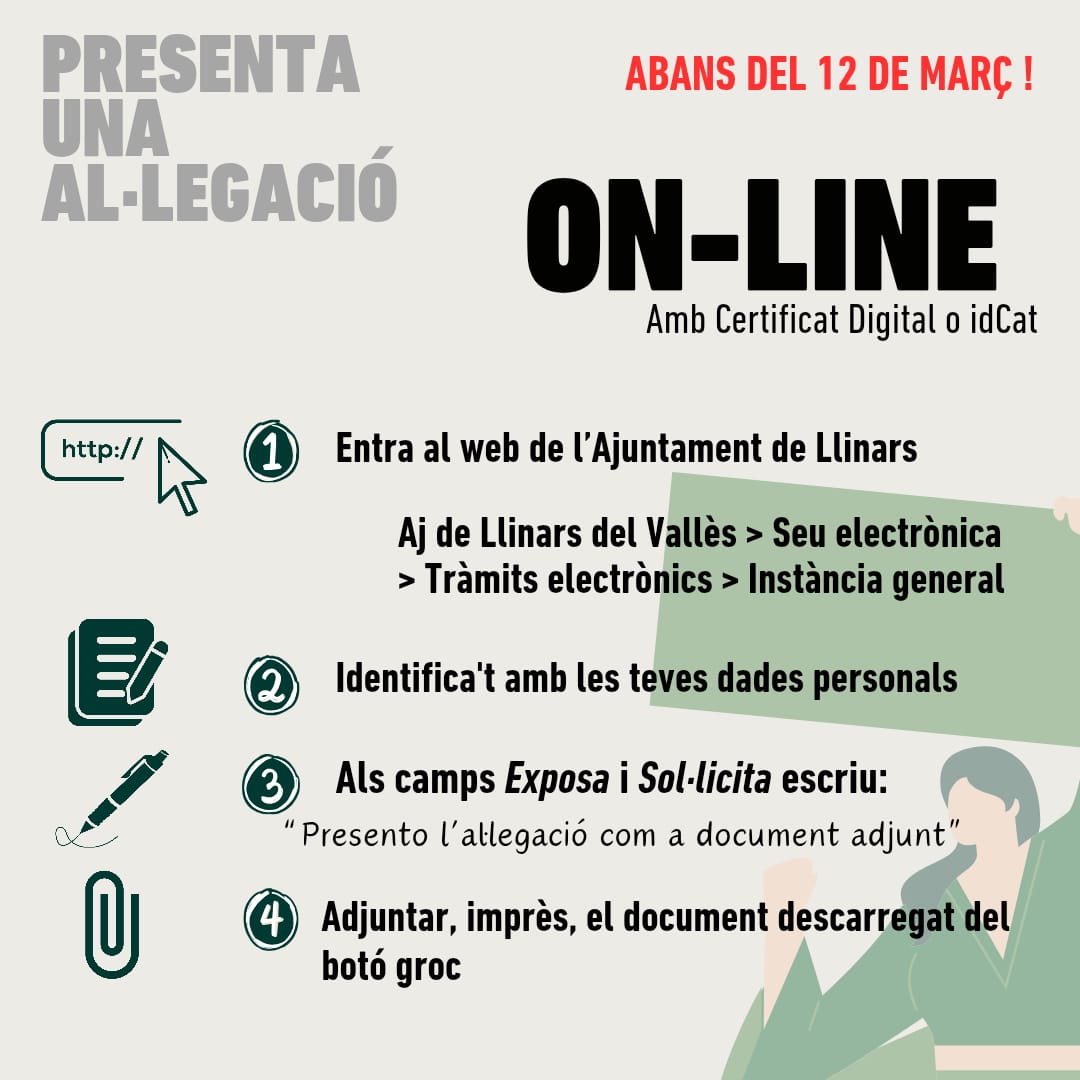 🟨 Aturem el nou POUM i la urbanització del Pla Morató. 

🟨 Diem NO a l'asfalt i a la destrucció del territori

ℹ️  Entra una al·legació presencial o digital a l'<a href="/ajllinarsvalles/">Llinars del Vallès</a> abans del 12 de març

➡️  Al nou web de Fer Poble t'expliquem com fer-ho: ferpoblellinars.cat/allegacions