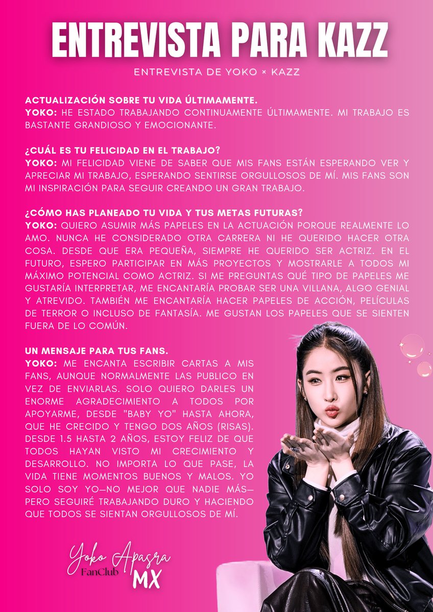 Yoko Apasra México 🇲🇽 (@yokoapasra_mx) on Twitter photo 📝 Entrevista de Yoko para KAZZ.
2da Parte.
📌 Entra a la imagen y lee su respuestas.
#YokoApasra #โยโกะอาภัสรา #Yobie #ฝ้ายโยโกะ 📝 Entrevista de Yoko para KAZZ.
2da Parte.
📌 Entra a la imagen y lee su respuestas.
#YokoApasra #โยโกะอาภัสรา #Yobie #ฝ้ายโยโกะ