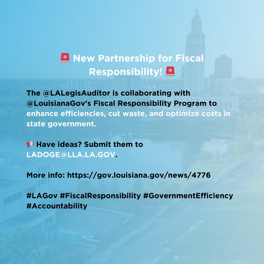 The LLA wants to hear your ideas about how Louisiana can save money and operate more efficiently. Email us with your suggestions at LADOGE@LLA.LA.GOV. For more information, check out gov.louisiana.gov/news/4776. 
#LAGov #FiscalResponsibility #GovernmentEfficiency #Accountability
