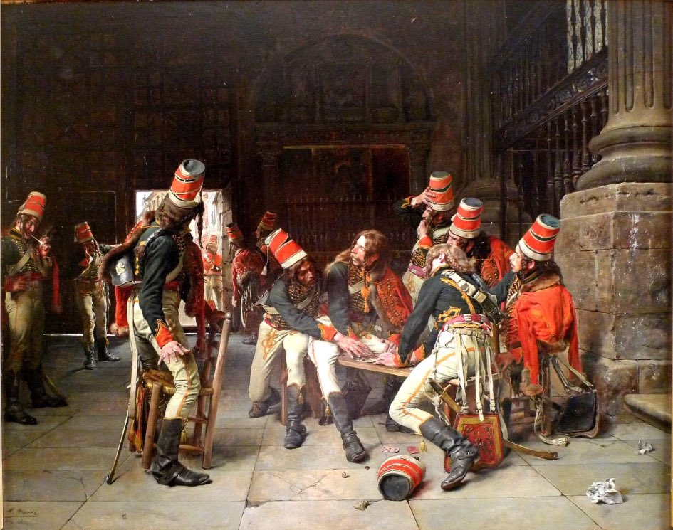 napoleonicaward's tweet photo. “The hussars playing”, by the Spanish painter José Jiménez Aranda (1837-1903) #hussars #napoleonic #bonaparte #picture #art  #xix #warfare #trafalgar #waterloo #hussards #napoleon #reenactment https://t.co/QxYJQ91gjx