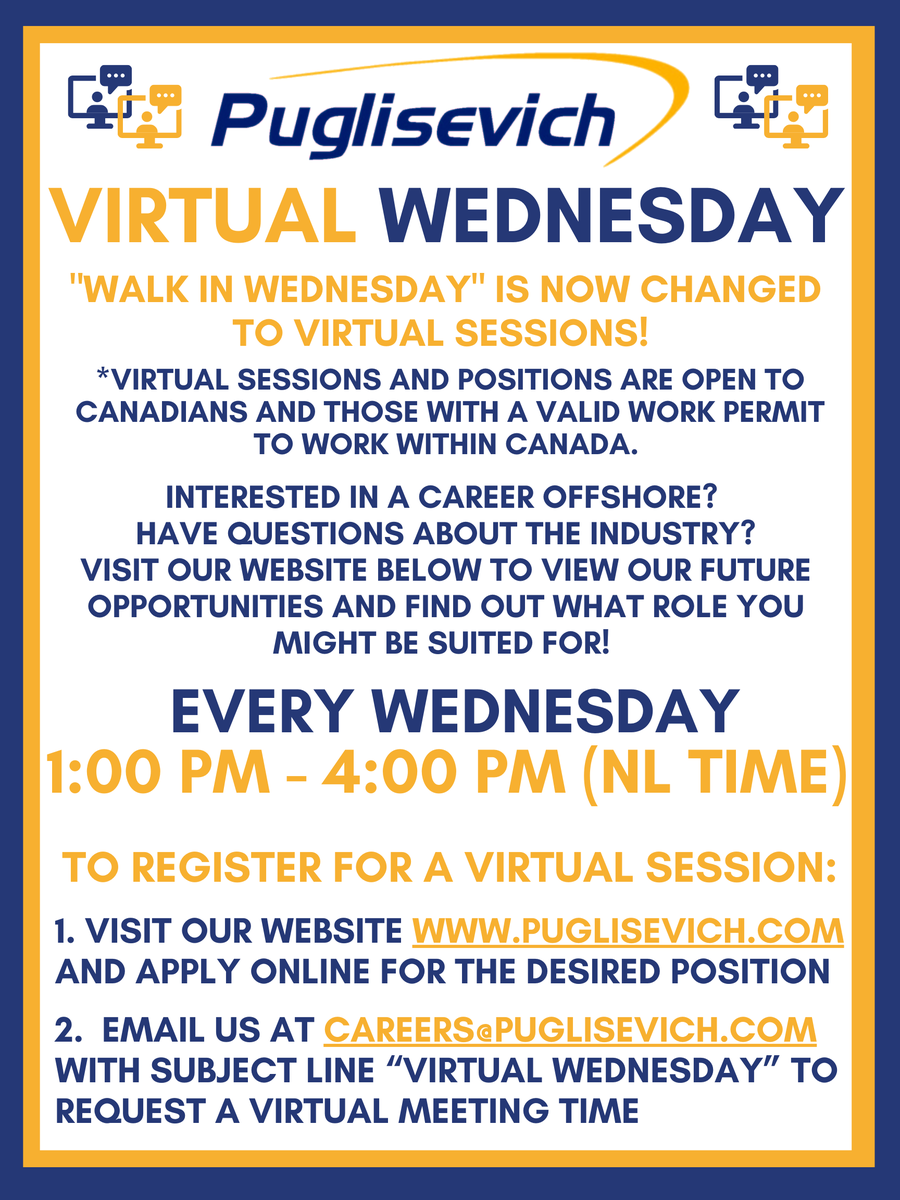 "Walk in Wednesday" is changed to Virtual Sessions

Every Wednesday 1:00 - 4:00
 
Register for a virtual session:
1. Visit our website puglisevich.com &amp; apply online 
2. Email careers@puglisevich.com with subject line “Virtual Wednesday” to request a virtual meeting time