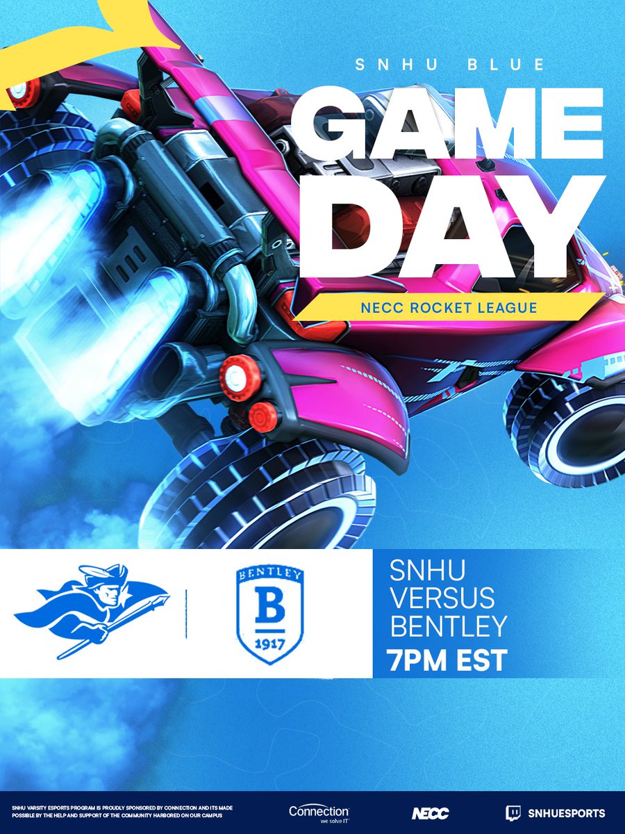 SNHU Blue takes the stage against Bentley Strike White in Rocket League tonight live on twitch 7PM EST

#SNHU | #NECC