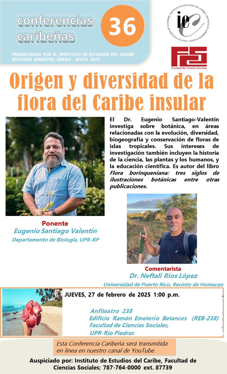 Hoy es la segunda Conferencia Caribeña del semestre, con el Dr. Eugenio Santiago Valentín (de <a href="/uprrp/">UPR Río Piedras</a>), comentada por el Dr. Neftalí Ríos López (UPR, Humacao). Presencial y por nuestro canal de YouTube. De interés: <a href="/UPR_Oficial/">Universidad de Puerto Rico - UPR</a> <a href="/sbuprrp/">Sistema de Bibibliotecas UPRRP</a> <a href="/uprm/">RUM/UPRM</a> <a href="/III_UPRCayey/">Instituto UPR-Cayey</a> <a href="/UPRCA_Informa/">UPR Carolina Informa</a>