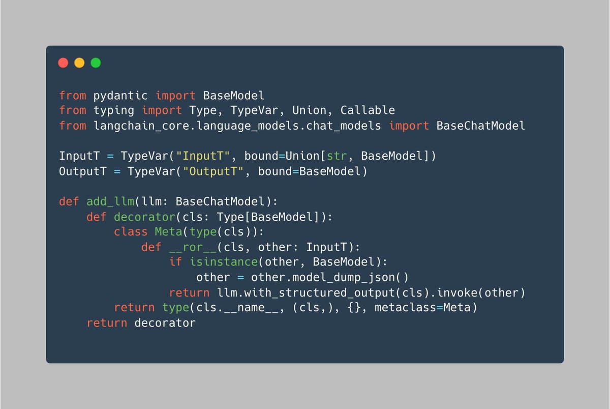 Found this cool #Python decorator trick 🐍🚀

Instead of manually adding | (pipe) support to classes, use a decorator + metaclass to centralize it (= more DRY!):

@add_llm(llm)
class Recipe(BaseModel): ...

Similar to pathlib.Path / "file"—elegant operator overloading 😍

Code 👇