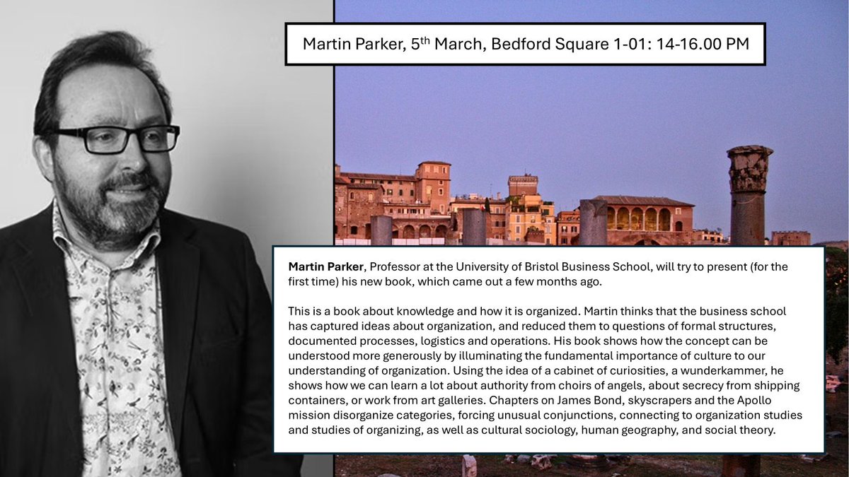 <a href="/CHRONOS_RHUL/">CHRONOS</a> are excited to welcome acclaimed scholar #martinparker next week! Martin will present his new book The Organization of Things:  A Cabinet of Curiosities
See you there! #theorganizationofthings  #criticalacademy #booklaunch #RHUL <a href="/RHULManagement/">Royal Holloway University Business and Management</a>