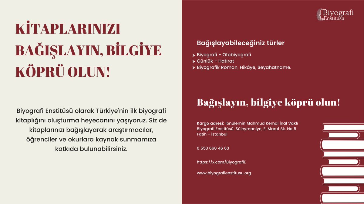 Kitaplarınızı Bağışlayın, Bilgiye Köprü Olun!

Biyografi Enstitüsü (<a href="/BiyografiE/">Biyografi Enstitüsü</a>) ilk biyografi kitaplığını oluşturuyor.
Siz de kitaplarınızı bağışlayarak katkıda bulunabilirsiniz.

📚 Biyografi-Otobiyografi 
📚 Günlük –Hatırat
📚 Biyografik Roman, Hikâye, Seyahatname

⬇️