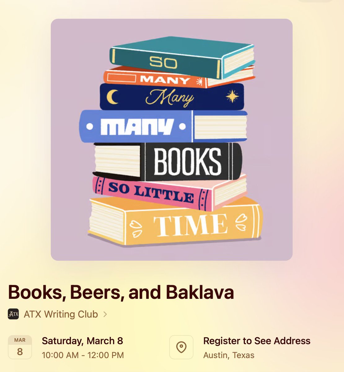 ZacSolomon's tweet photo. Any local authors wanna donate a book or two? 👀

Should have 100-150 people joining us for....

Books, Beers, and BAKLAVA https://t.co/gknP6fVZ41
