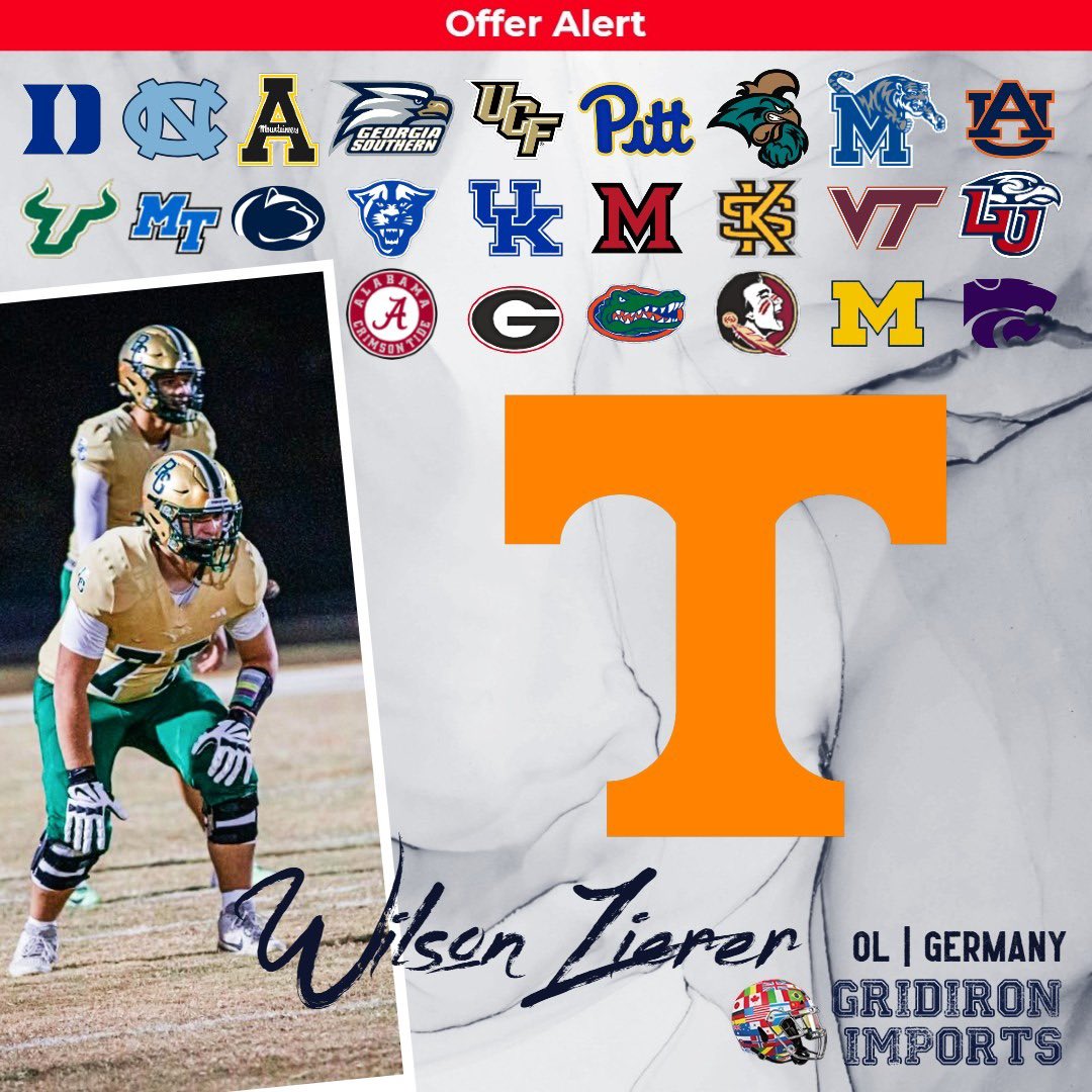 Big <a href="/WilsonZierer/">Wilson Zierer</a> added an offer <a href="/Vol_Football/">Tennessee Football</a> yesterday- congrats Wilson!
<a href="/AllgaeuComets/">Allgäu Comets</a> <a href="/RabunGapEagles/">Rabun Gap Athletics</a>