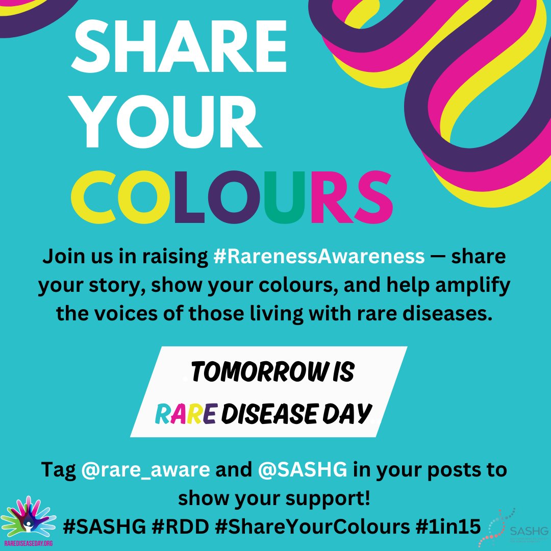 SAHumanGenetics's tweet image. 🧬💜 Tomorrow is Rare Disease Day! Let’s stand together in support of the 1 in 15 people affected by rare diseases in South Africa and beyond.

Join us in raising #RarenessAwareness
📢 Tag us and @rare_aware in your posts to show your support!
#SASHG #RDD #ShareYourColours #1in15