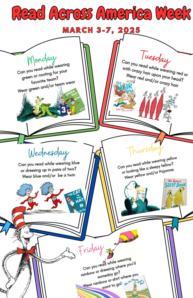 Read Across America week is next week! Celebrate by dressing up for our spirit days!