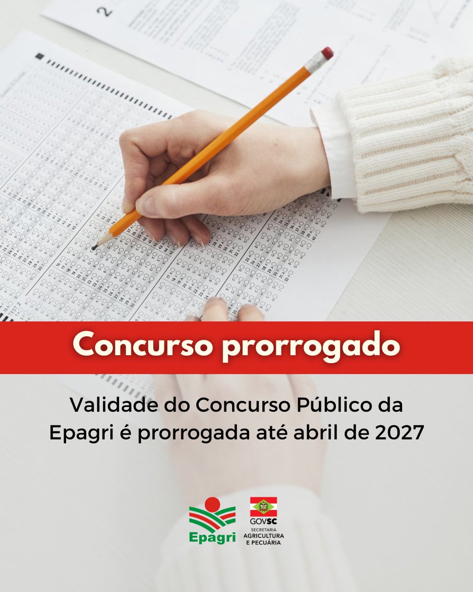 Atenção: o concurso público da Epagri está prorrogado por dois anos.

E tem mais notícia boa: o concurso ofereceu 100 vagas, mas a Epagri já convocou 172 aprovados e, em breve, deve chamar mais 51.

Vem saber mais no nosso site: x.gd/DtuHX
#concursopúblico