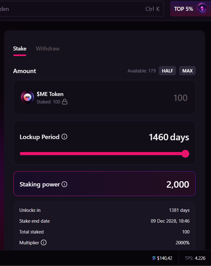 Bu aralar <a href="/MagicEden/">Magic Eden 🪄</a> airdrobunu kasıyorum. Bildiğiniz gibi airdrop olarak $ME almıştık. Bunları stake yatırdım ve sıralamada %1 lik dilime girmeye çalışıyorum. şuan %5 lik dilimdeyim. Platformda son 1 ayda 200 sol hacim yapmışımdır.. Bakalım ne zaman %1 e gireceğim 😎